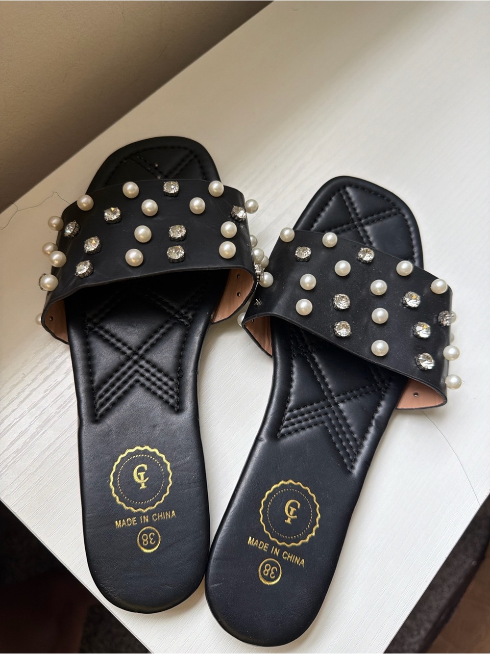 Black Pearl & Crystal Slide Sandals - Women